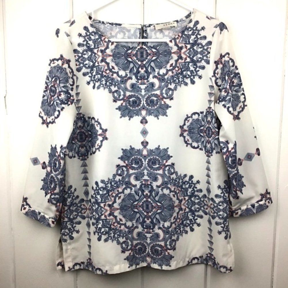 Kenar Floral Blouse 3/4 Sleeve Blue Geometric Design, Size Medium